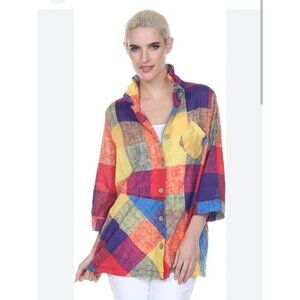 TERRA SJ Apparel Patchwork Multicolor Button Shirt Ruffle Collar Tunic Large